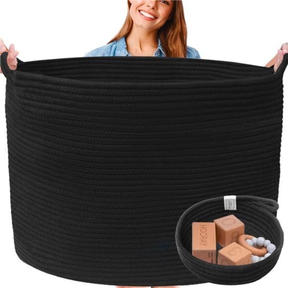 Extra Large Black Woven Basket 2 Pack Blanket Toy Laundry Storage Baskets - Picture 1 of 7